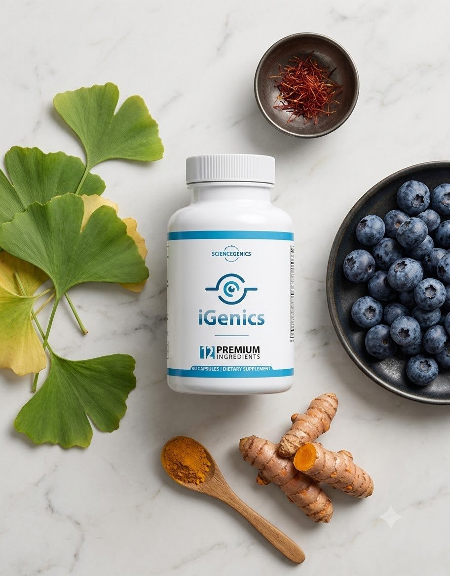 iGenics bottle surrounded by ginkgo leaves, saffron, blueberries and turmeric