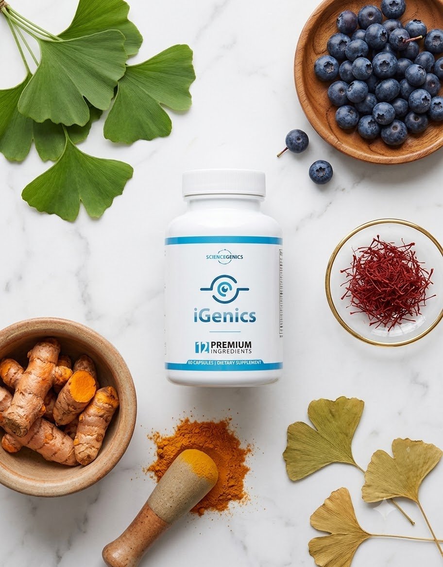 iGenics bottle surrounded by ginkgo leaves, blueberries, saffron and turmeric on marble