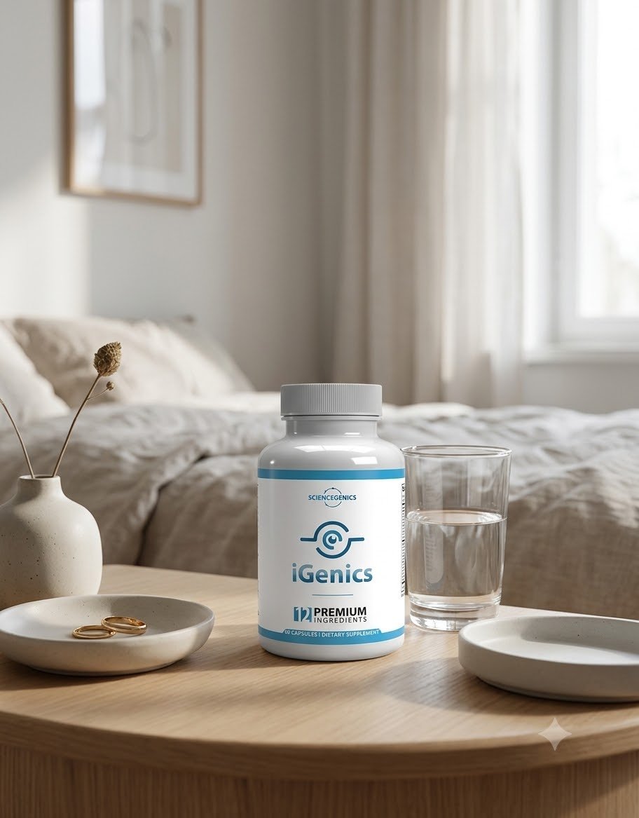 iGenics bottle on a nightstand next to a glass of water