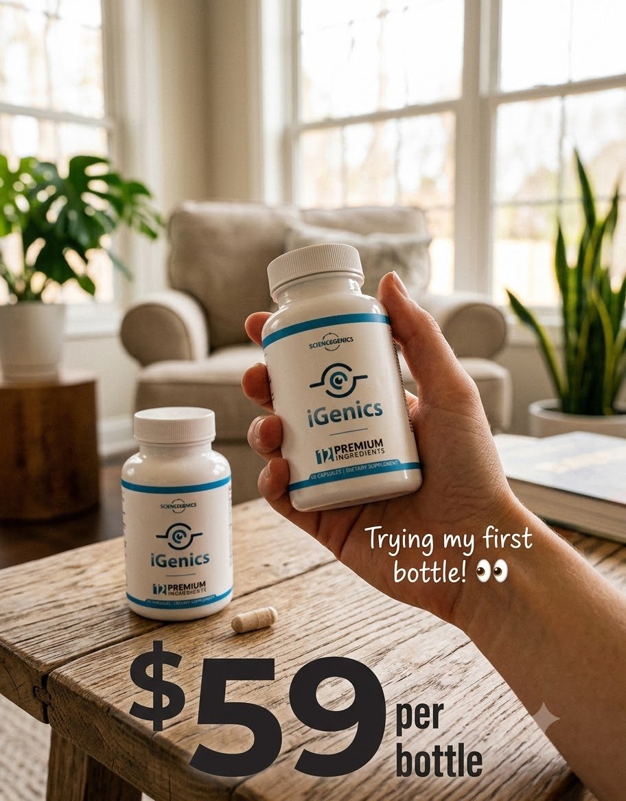 Holding a bottle of iGenics at home